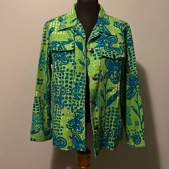 Women's Green And Blue Floral Button Down Long Sleeve Jacket - Picture 1 of 10